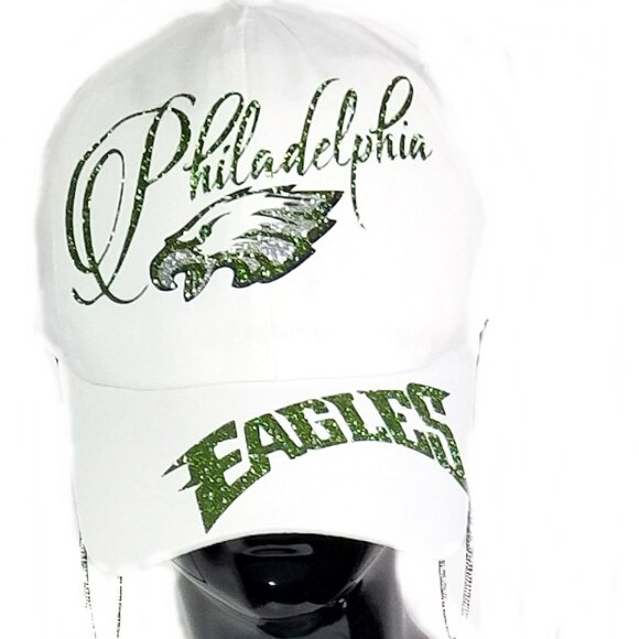 Philadelphia Eagles Football White Fitted Adj. Baseball Cap with Shiny Lettering - Picture 1 of 3
